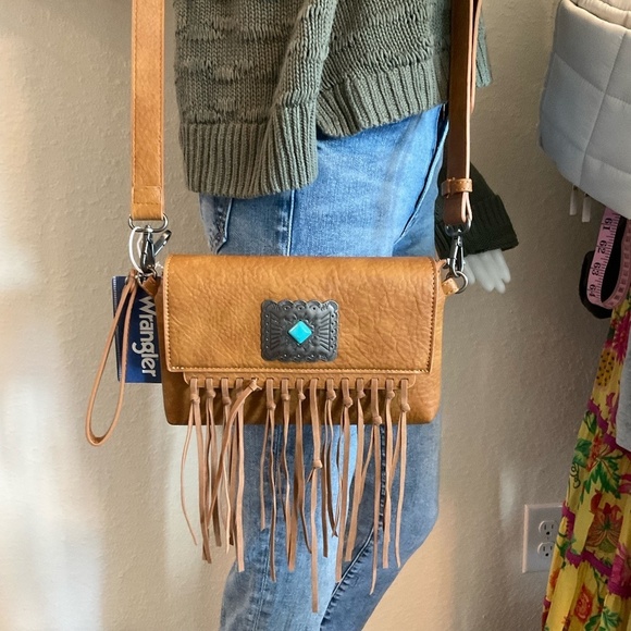 Wrangler Handbags - WRANGLER Vegan Leather Fringe Crossbody Purse and Western Wristlet Bag NWT